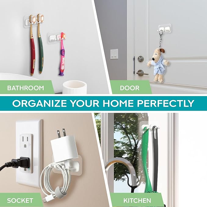Hook LAB Self-Adhesive Double Toothbrush Holder, 2-Pack, Removable & Reusable Wall-Mounted Storage Organizer, for Bathroom & Kitchen Accessories - White