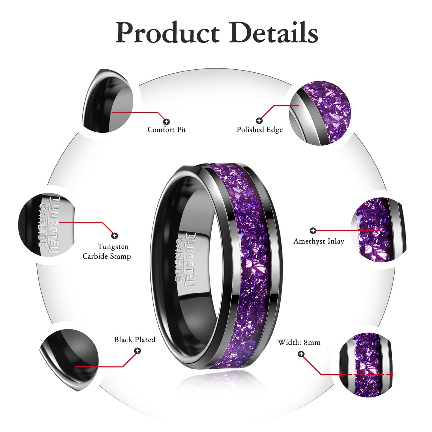 NUNCAD Men's Tungsten Rings 8mm Black Wedding Band Inlaid with Amethyst Center Polished Beveled Edge Comfort Fit Size 7-12