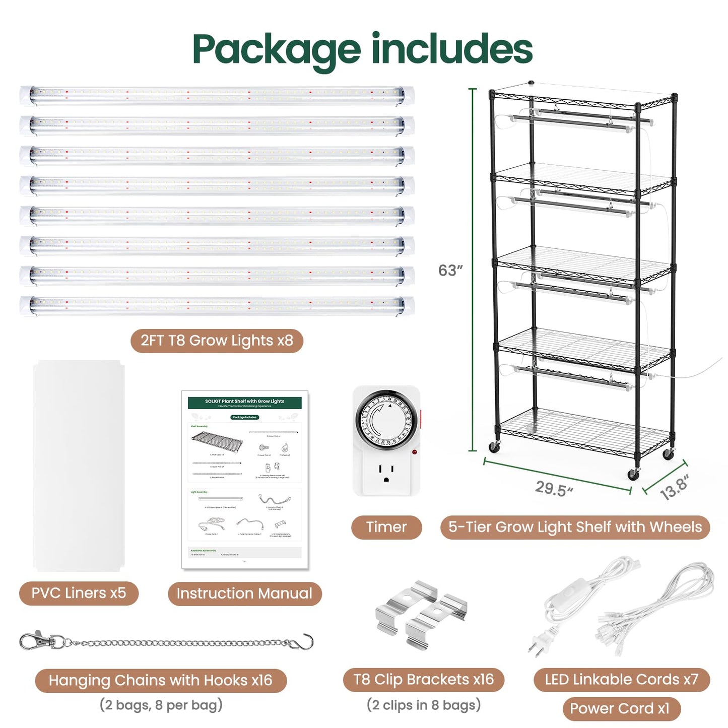 SOLIGT Plant Shelf with Grow Lights, 5 Tier Grow Light Stand Rack with 8 Pack 2FT 6000K T8 Full Spectrum Led Grow Lights for Indoor Plants, Seed Starting, Seedling Growing, Timer Included