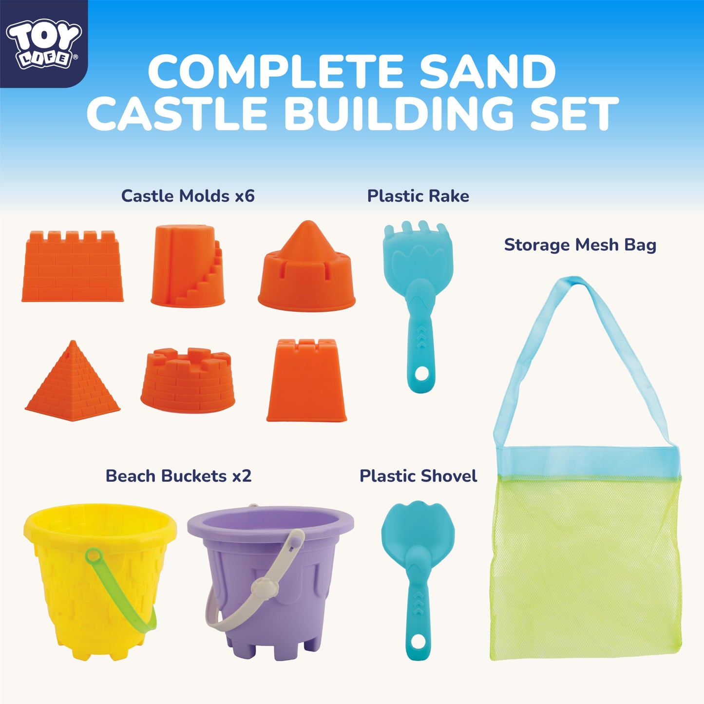 TOY Life Kids Beach Sand Castle Bucket Set, 2 Buckets with Mesh Bag, 6 Molds, 2 Shovels, Colorful Plastic Beach Toys for Summer Play