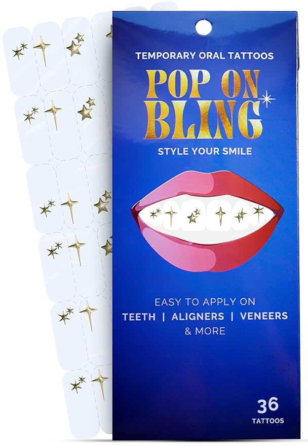 Halloween Tooth Bling Tattoo – Temporary Tooth Gem Kit for Teeth – Safe for Teens & Adults, Removable Fun Fake Tooth Tattoo Stickers for Halloween Costume, Party & Cosplay (Gold Sparkles)