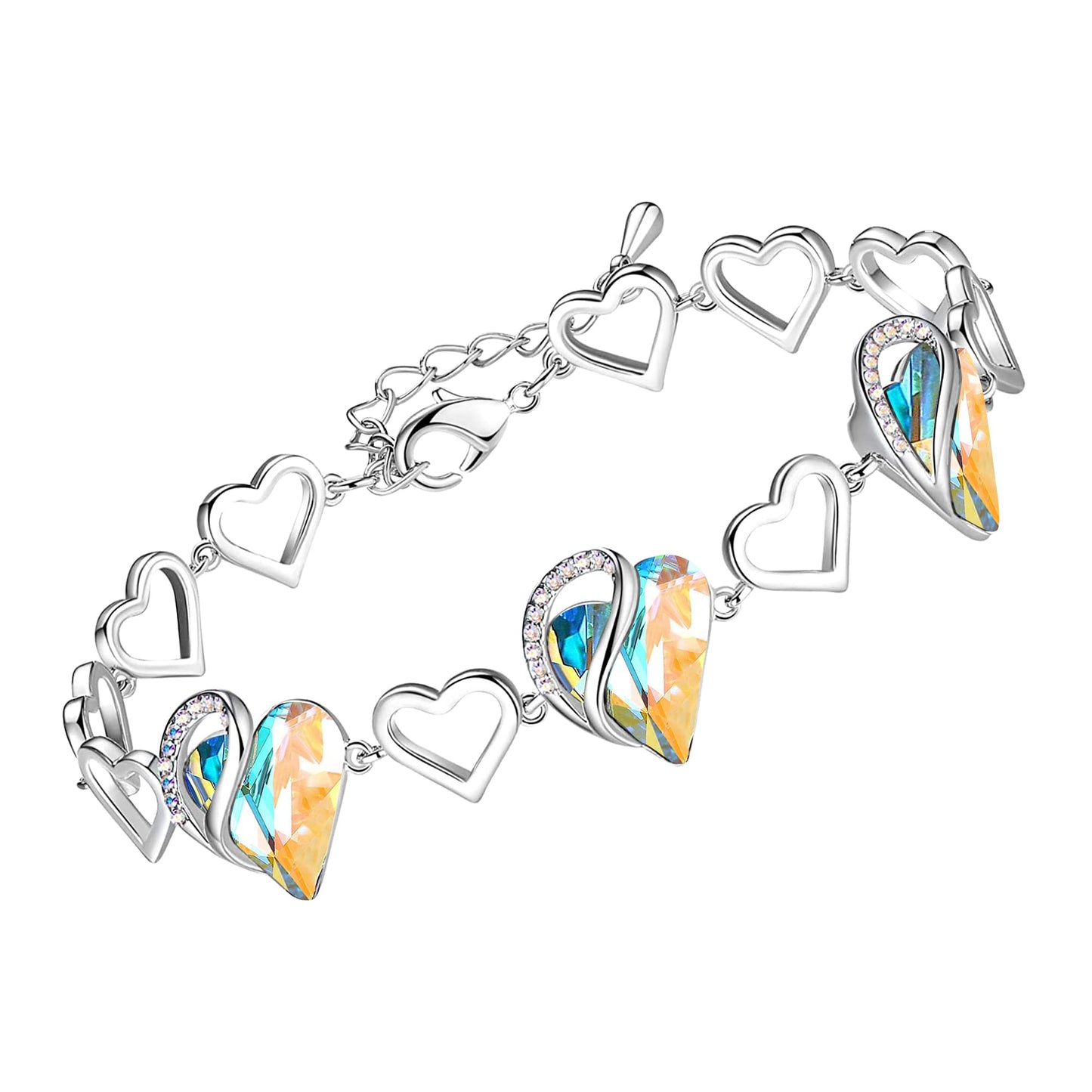 Leafael Infinity Love Heart Gift Bracelet for Women, April Birthstone Crystal, Rainbow Opal White, Silver Tone, 7-inch Chain and 2-inch Extender