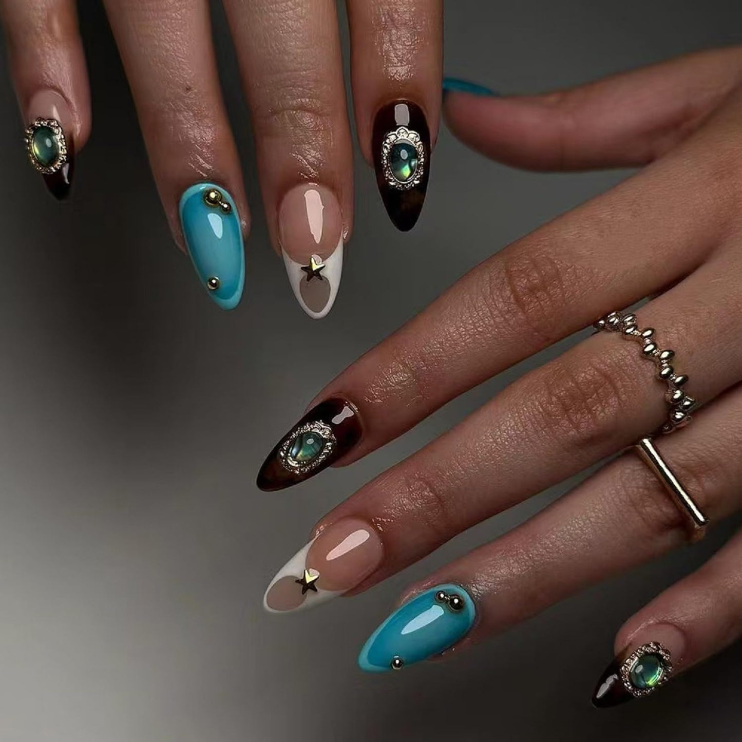 Medium Almond Press On Nails French Tip Fake Nails Star With Metal Charms Design Blue False Nails Full Cover Artificial Glue On Nail Acrylic Reusable Stick On Nail For Women Manicure Art 24pcs