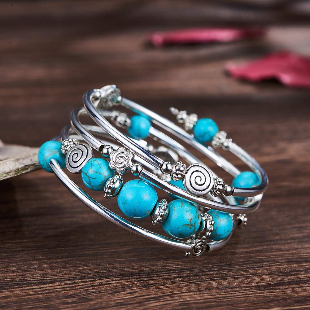 BULINLIN Bead Wrap Bangle Pearl Bracelet - Silver Metal Bracelet Gifts For Women(02-Turquoise)