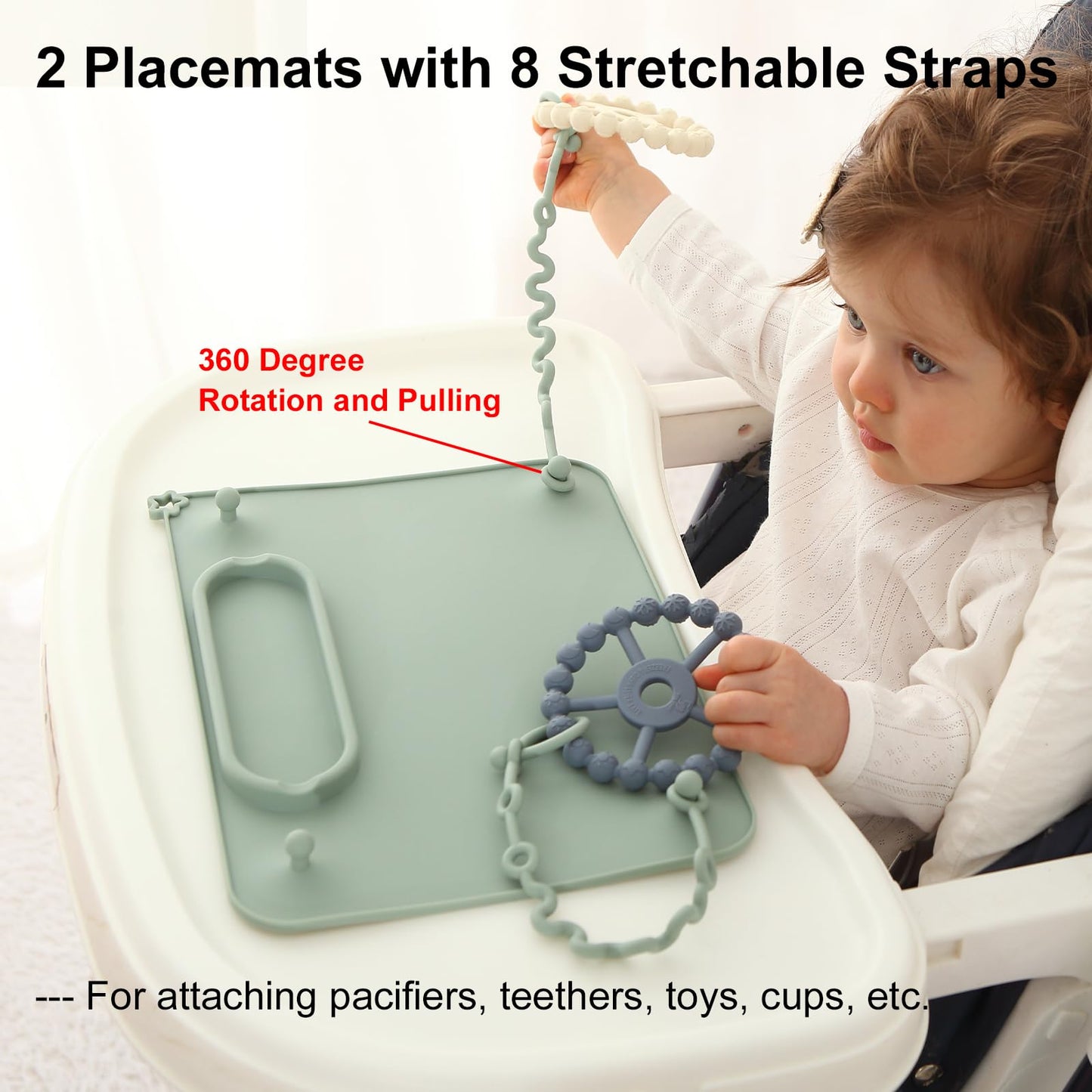 2 Pack Baby Silicone Mat, with Suction Base and 8 Stretchable Straps, Seposeve Baby Placemats, Activity Mat for Infants to Toddlers, Keeps Babies Essentials Off The Floor, Green Blue