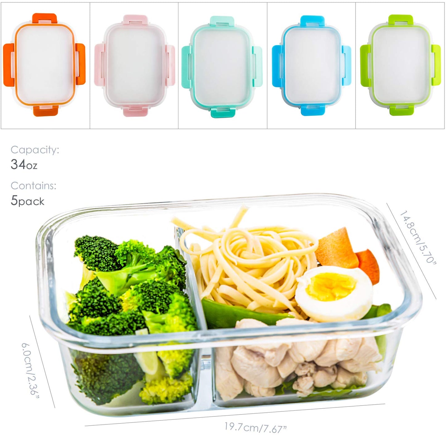 UMEIED Glass Meal Prep Containers 2 Compartment with Lids (5 Pack, 36oz), Divided Glass Storage Containers for Lunch at Work, Leak-Proof Portion Control Food Containers, Microwave/Dishwasher Safe