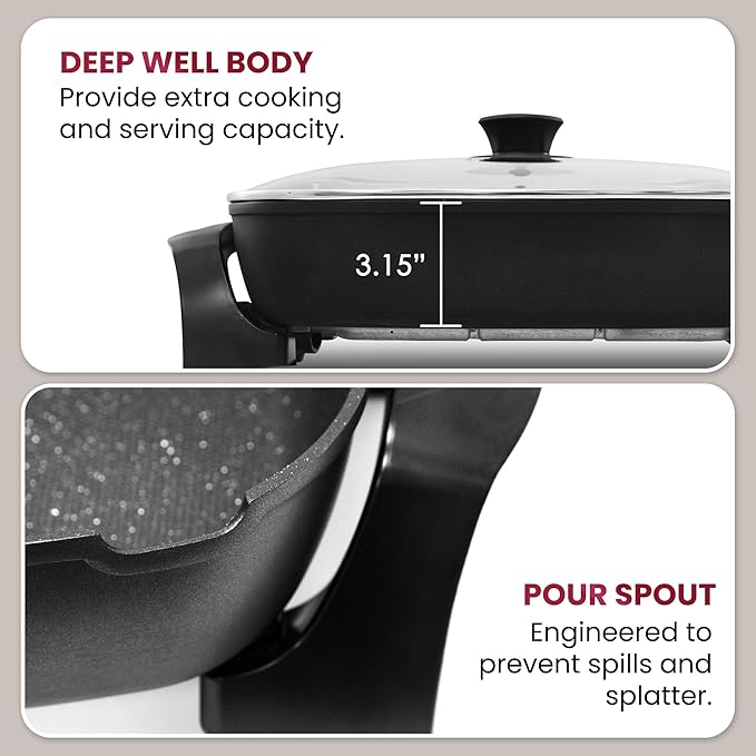 Elite Gourmet EG-6203# Extra Deep 16"x13"x3.2" (10.5Qt.) Scratch Resistant, Easy Pour Spout Dishwasher Safe, Non-stick Electric Skillet with Glass Vented Lid, Adjustable Temperature, Black