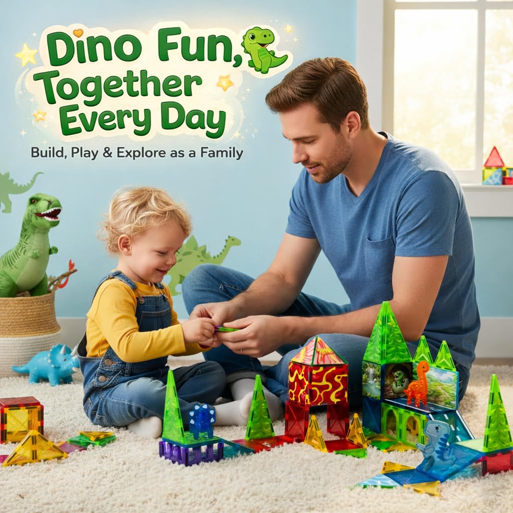 LATI Magnetic Tiles Dinosaur Building Set, Dino World Magnet Blocks with Double-Sided Egg Hatch Story, STEM Construction Toy for Kids Ages 3+, Educational Gift for Boys & Girls