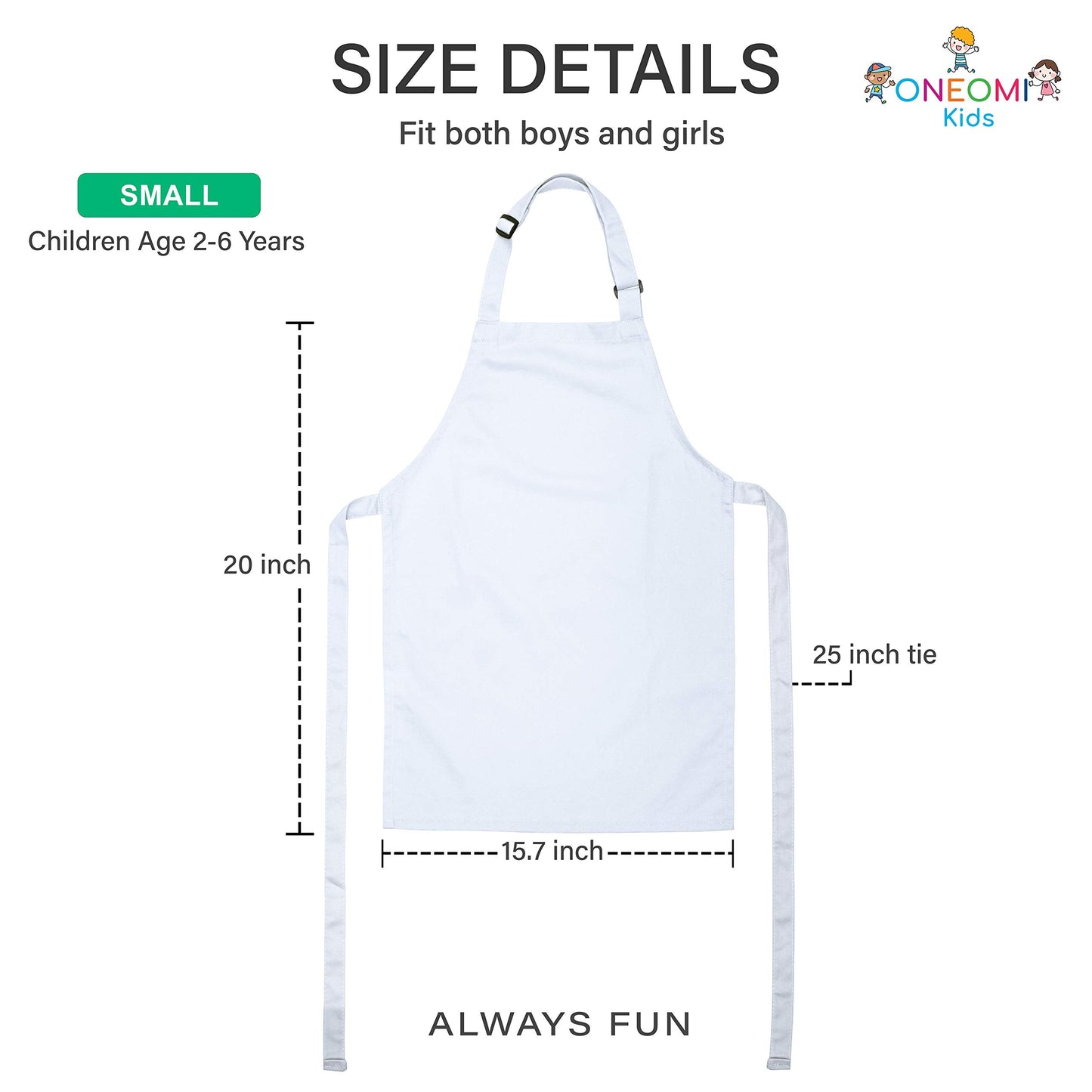 ONEOMI Kids Apron, Small, 100% Cotton with an Adjustable Strap to fit All Ages, Ideal for Cooking, Baking, Painting, Decorating, Party, Chef, Art and Classroom Children Apron (2, White)