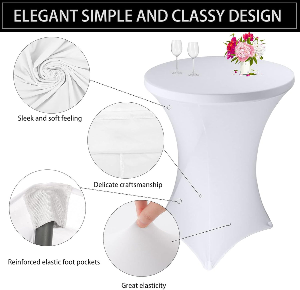4 Pack Cocktail Spandex Tablecloth 32"x43" Cocktail Table Cover Fitted High Top Round Table for Bar Wedding Birthday Party Banquet (White)