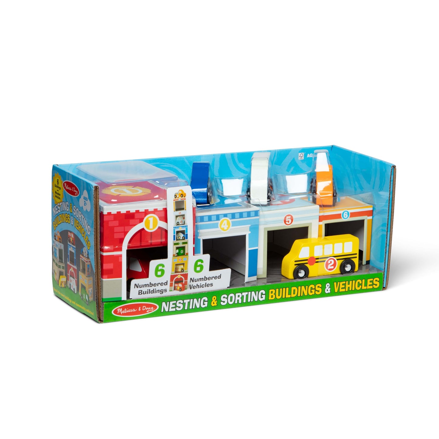 Melissa & Doug Nesting and Sorting Blocks - 6 Buildings, 6 Wooden Vehicles - FSC Certified