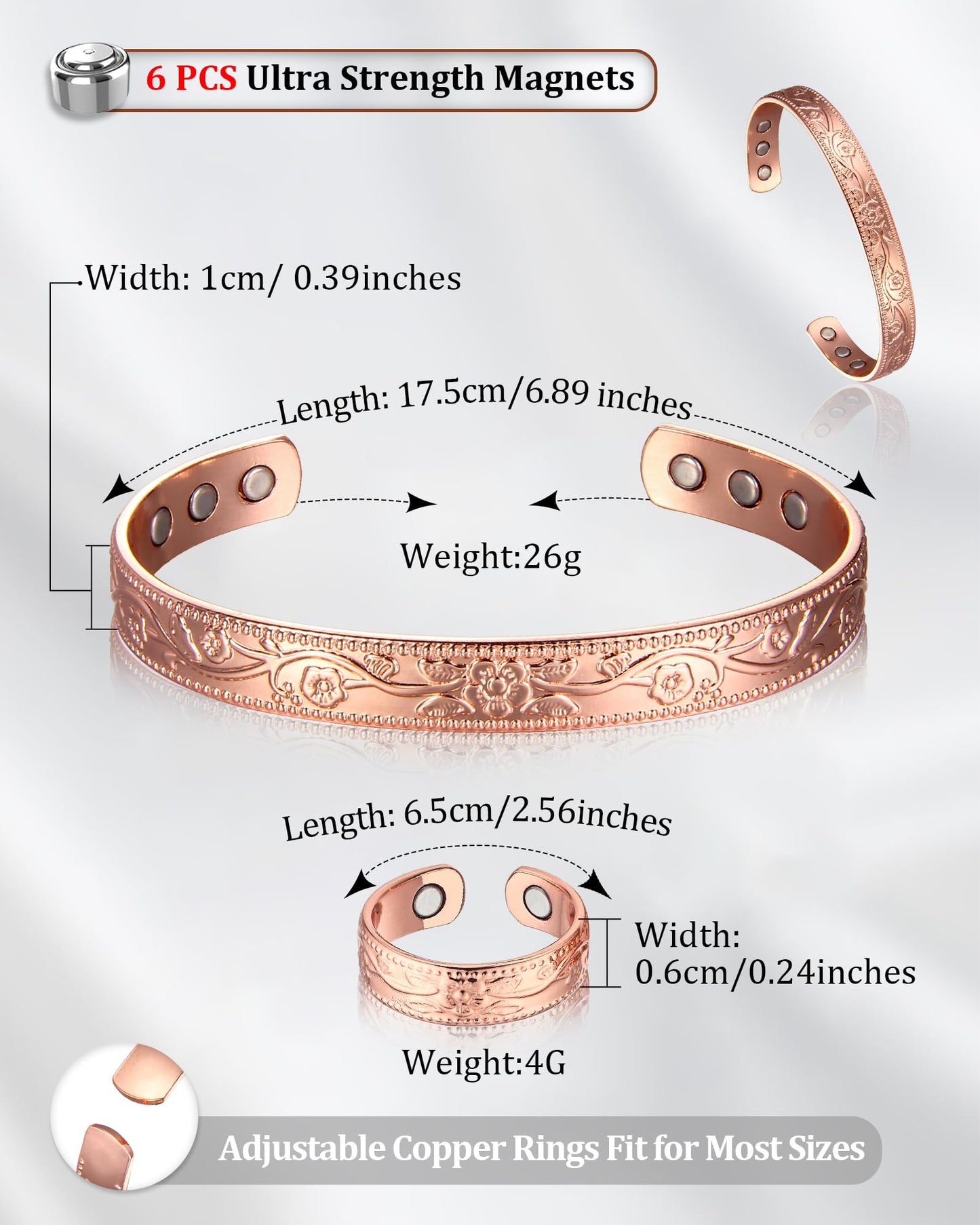 BioMag Women's Lymphatic Drainage Ring & Copper Bracelet, 99.99% Pure Copper Magnetic Bracelet & Ring with Built-in 3500 Gauss Magnets, Adjustable Size, Floral Vine Pattern