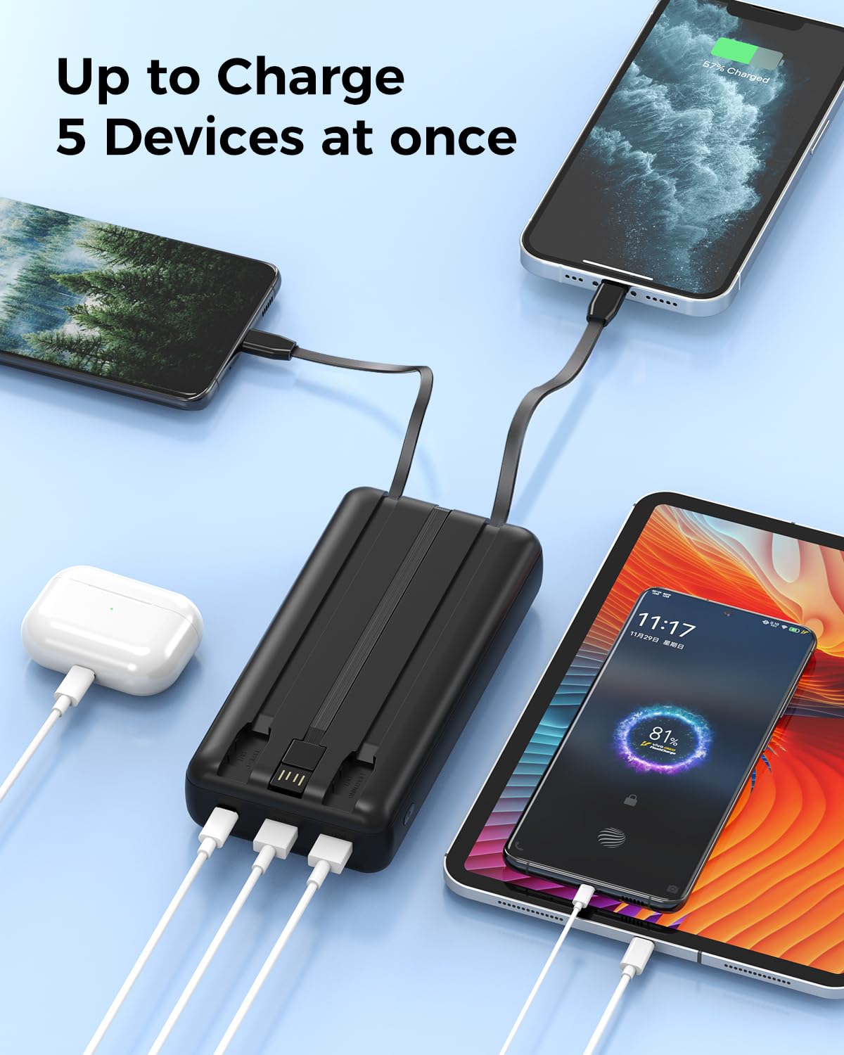 Pomohome 50000mAh Power Bank Portable Charger Fast Charging, Built in 3 Cables External Battery Pack, 22.5W Quick Charge with 5 Output & 3 Input USB C, Travel Camping Essential for iPhone & Andriod