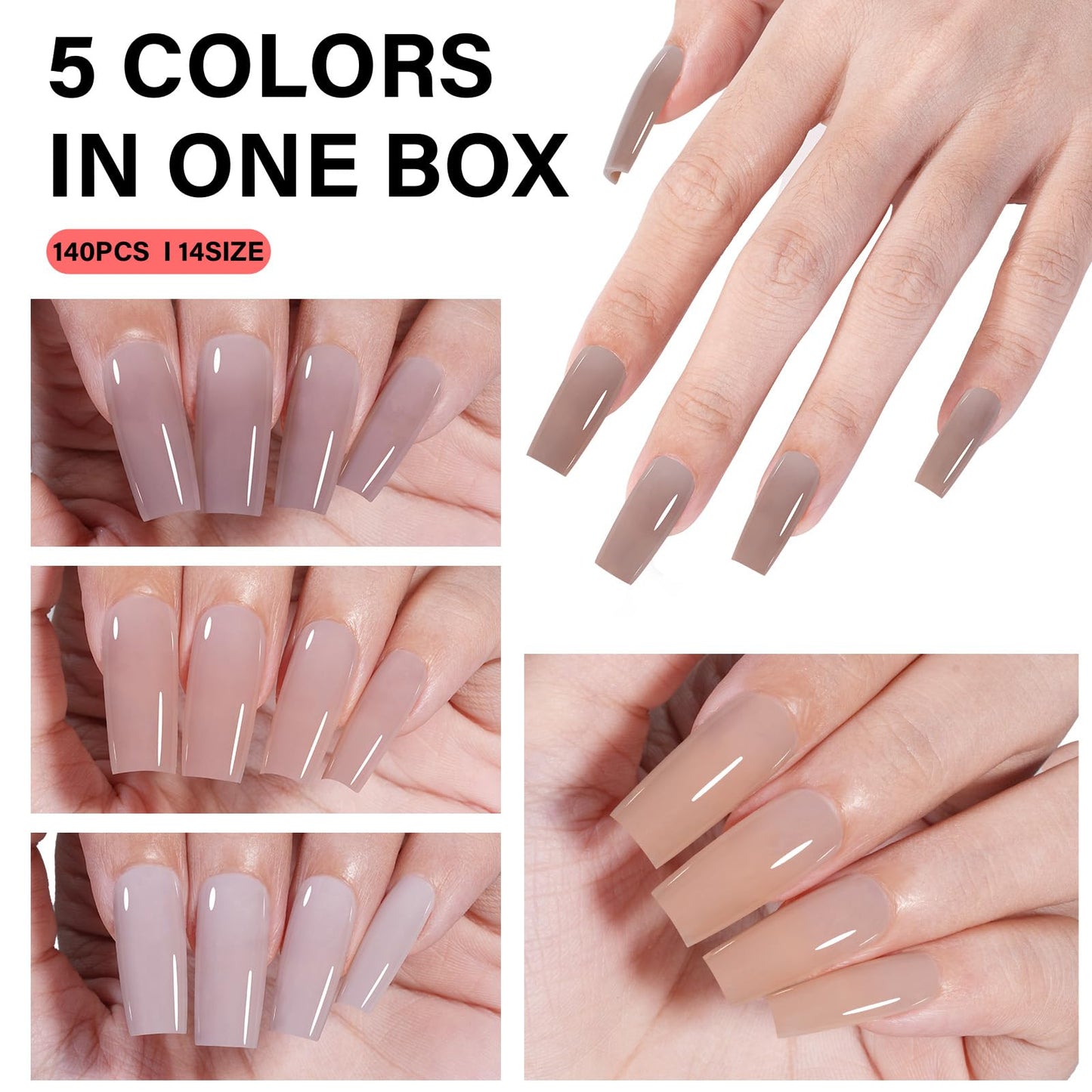 AILLSA Press on Nails Medium Square 140 PCS Fake Nails 4 in 1 Medium Glossy Nude Nails Press Ons, Long Lasting Pre-Shaped Gel Nails Natural False Nail for Nail Art DIY Women