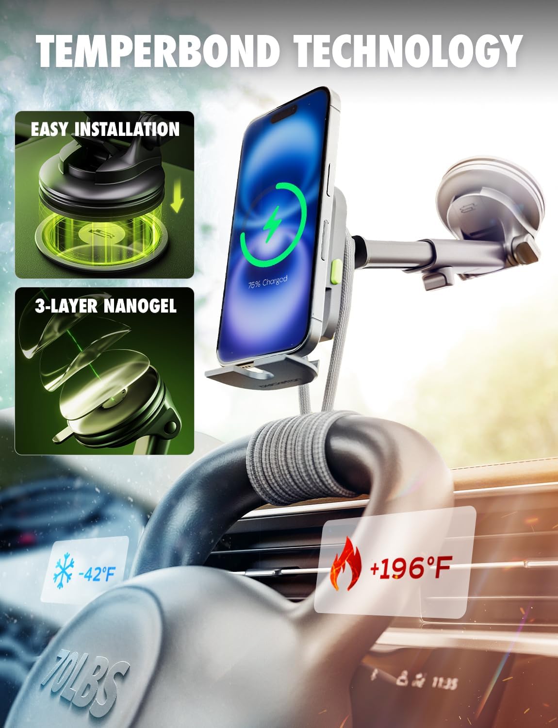 Bracketron MagAlign Extend 15W Magsafe Car Mount Charger, Magnetic Car Phone Holder Charger Wireless Car Charger for iPhone 16 Pro Max 15 14 13 12,Vent/Windshield/Dash Phone Mount Holder Fast Charger