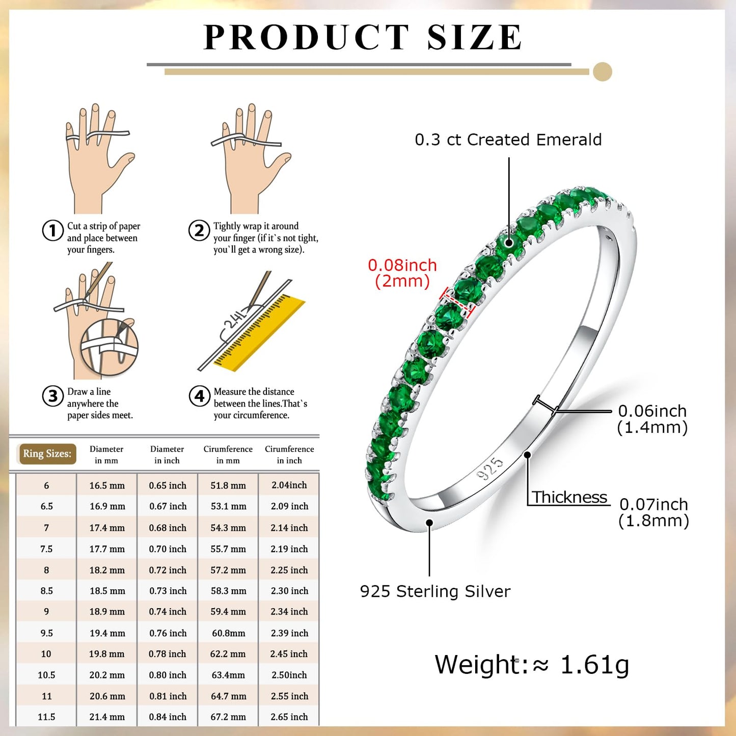 AGRULE Emerald Eternity Band Silver Wedding Rings Men Women Sterling Silver Created May Birthstone Rings 0.3 Carat Green Stone Stackable Cocktail Ring Size 7