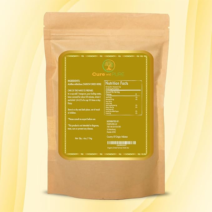 Cure wid Pure Organic Dried Yarrow Herb - 4 oz Non-GMO Cut & Sifted Yarrow Flower - Organic Yarrow Tea for Wellbeing