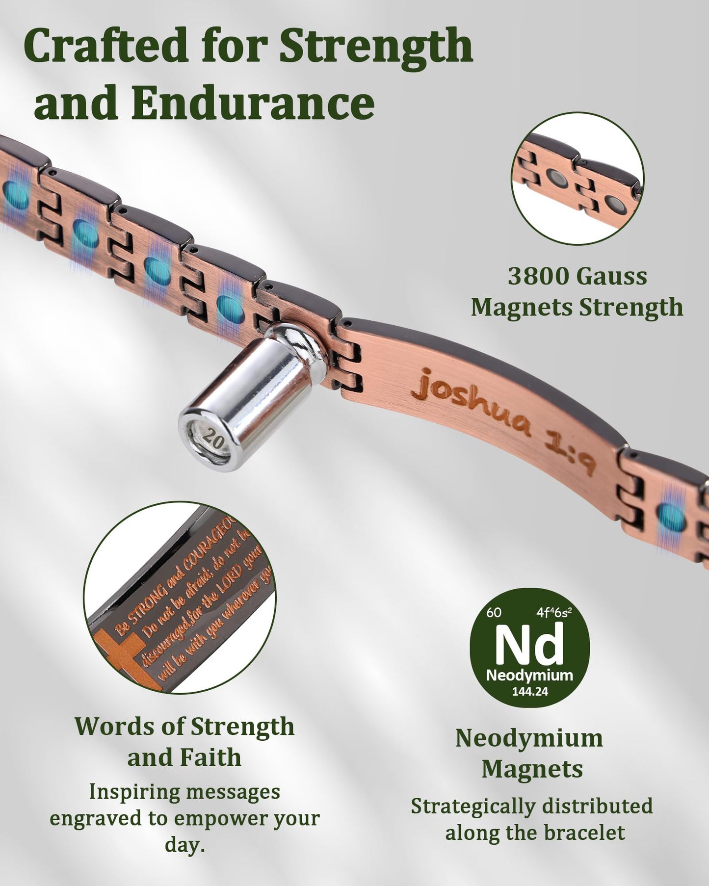 Fashtour Copper Cross Bracelet for Men, Ultra Strength Magnetic Jewelry, Rice-Ear Design Adjustable Copper Biblical Cross Bracelet with Sizing Tool & Box (Black-Joshua 1:9)