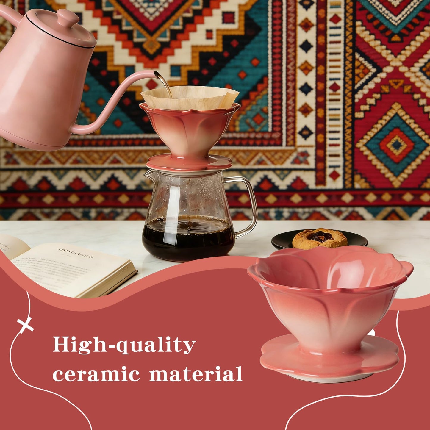 DHSUN Premium Ceramic Pour Over Coffee Dripper，Includes 40pcs Coffee Filter Papers, suitable for home and travel, Flower Petal Dripper（Gradient Red）