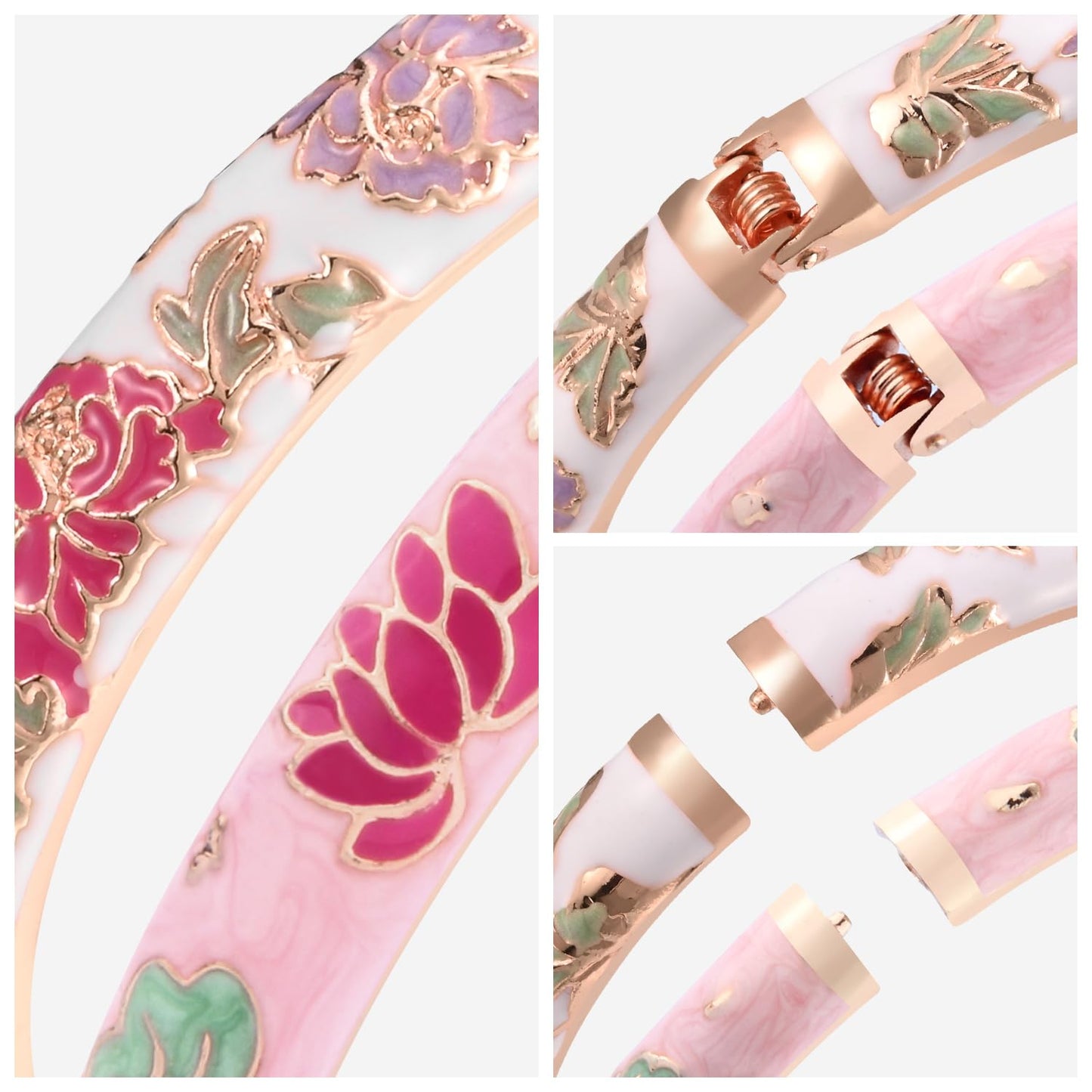 UJOY Vintage Cloisonne Bracelets Flower Enameled Jewelry Plated Cuff Bangle for Women Gift Box 55A35-55A113 Pink White