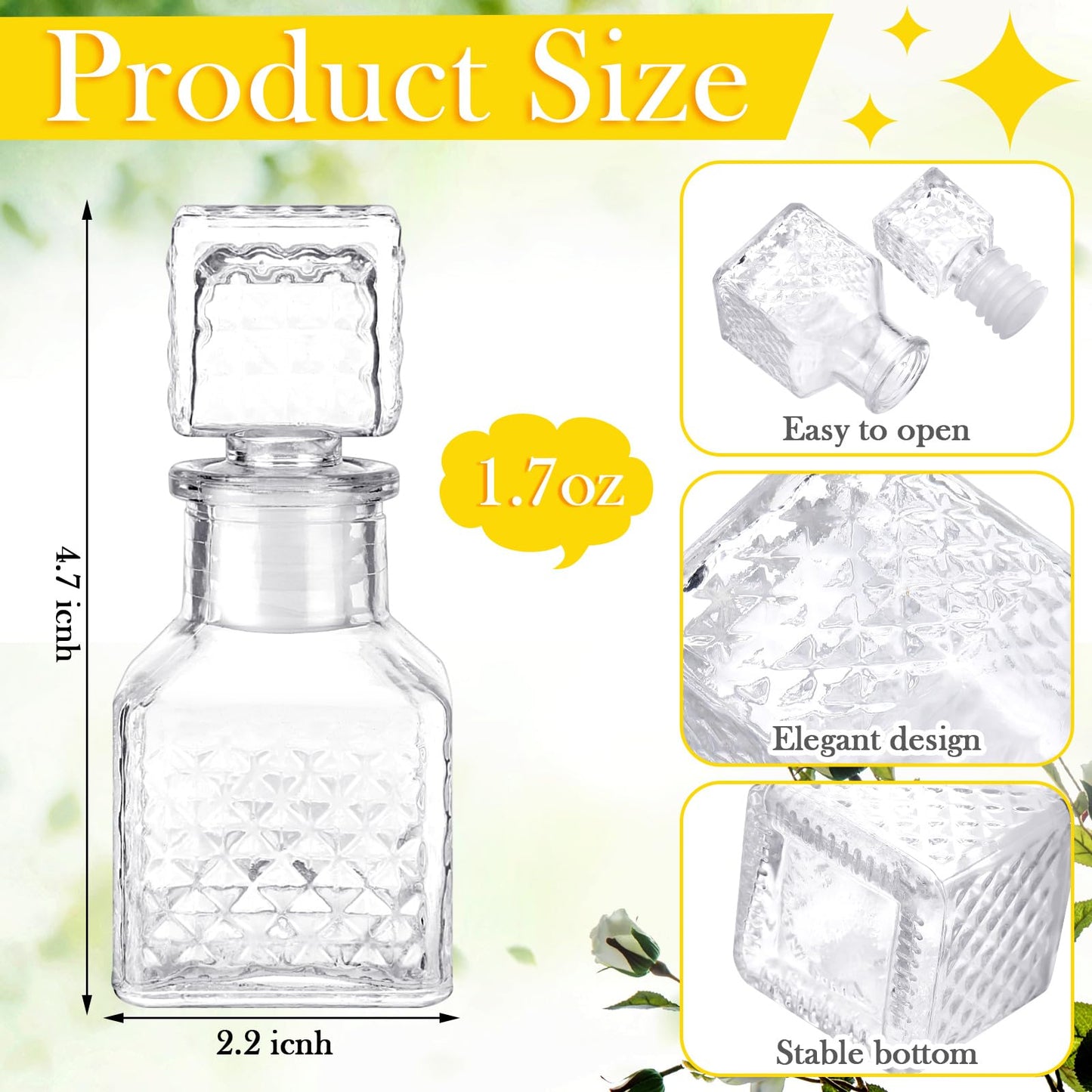 Chuangdi 24 Pcs Mini Glass Wine Bottles 1.7oz Glass Tequila Bottles with Stopper Decorative Tequila Bottle for Whiskey Vanilla Extract Champagne Wedding Baby Shower Party Favors(Square Style)