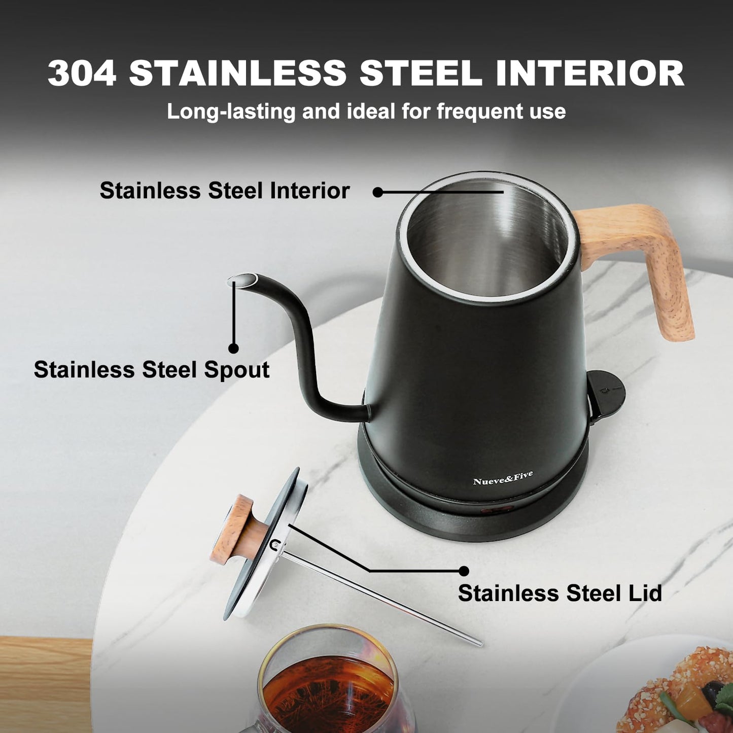 Nueve&Five Gooseneck Electric Kettle with Thermometer， Black Electric Kettle 1L with Auto Shut-Off，1000W Hot Water Kettle of Stainless Steel， Pour Over Kettle for Coffee & Tea