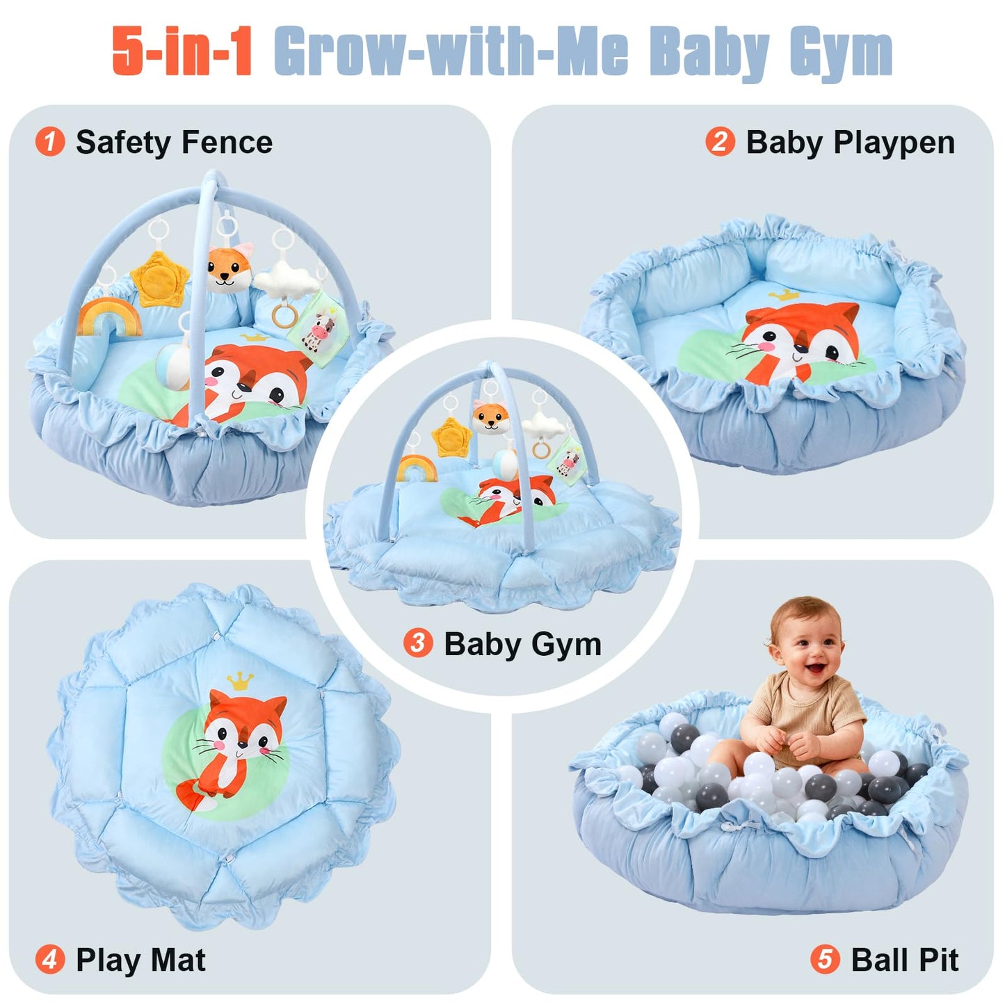5-in-1 Baby Gym Play Mat with Cartoon Pattern, Extra Thick Plush Tummy Time Activity Gym with Hanging Toys, Sensory Development & Motor Skills Training Floor Mat, Fox