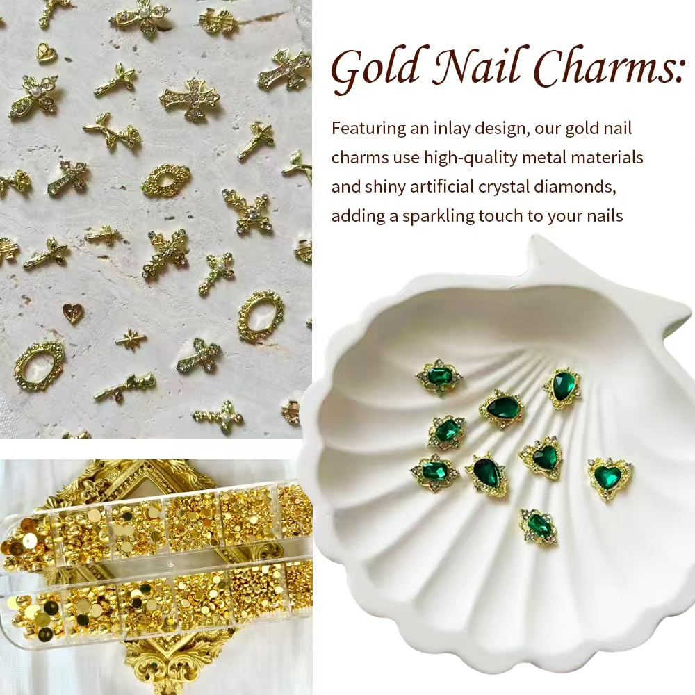TmoGllp 56Pcs 3D Gold Cross Nail Charms Set, Emerald Green Rhinestones & Flat-Back Pearls for Y2K Nail Art Design