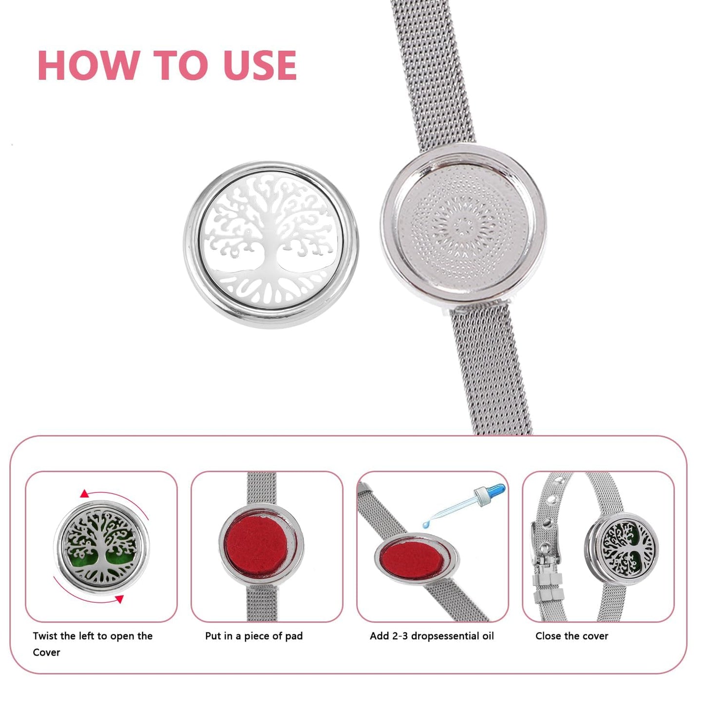 Essential Oil Diffuser Bracelet with Gift Box Aromatherapy Locket Adjustable Stainless Steel Tree of Life Watch Chain Bracelet with 10 Pcs Refill Pads for Women