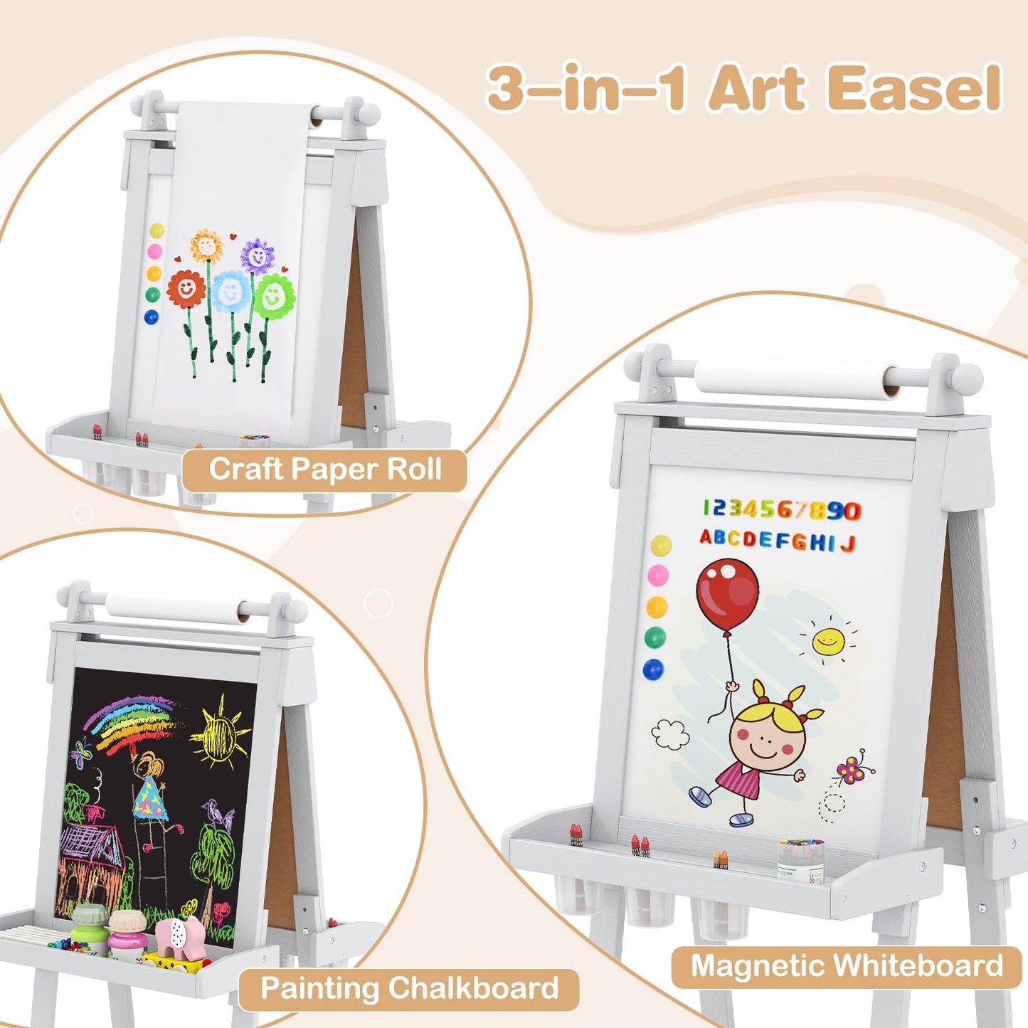 OLAKIDS Easel for Kids, 3 in 1 Adjustable Painting Art Board, Foldable Double-Sided Wooden Drawing Chalkboard Magnetic Whiteboard with Paper Roll, Storage Rack, Cups for Boy Girls (Gray)
