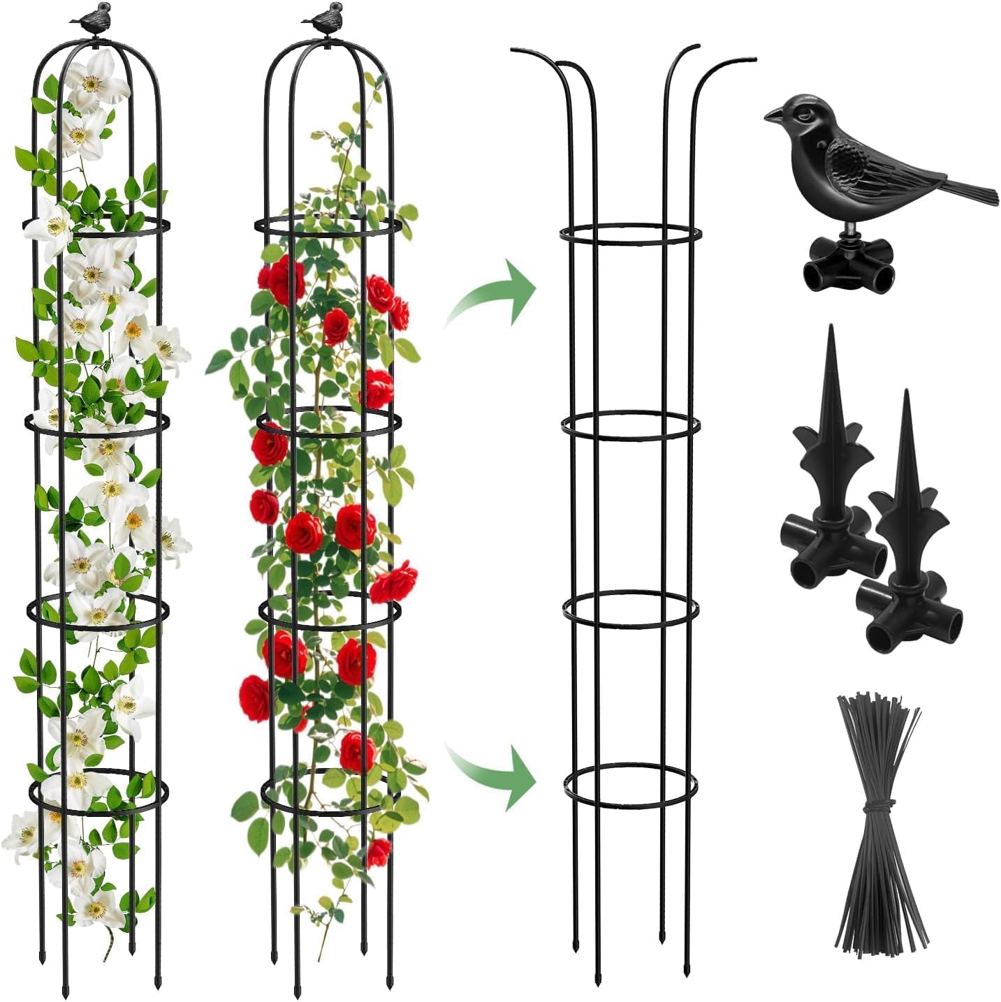 2 Pack Garden Obelisk Trellis for Climbing Plants Outdoor, 6.2 FT Tomato Cage, Rose, Flowers, Grape, Pea, Cucumber Trellis, Rustproof Plastic Coated Metal Plant Support Trellis for Potted Plants