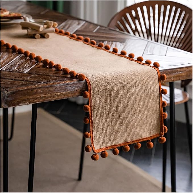 Natural Jute Table Runner, Burlap Style Table Runner, Rustic Farmhouse Table Runner Country Vintage for Wedding, Party Table Decorations, Boho Décor Jute Orange Balls 12x72 inch TAB28