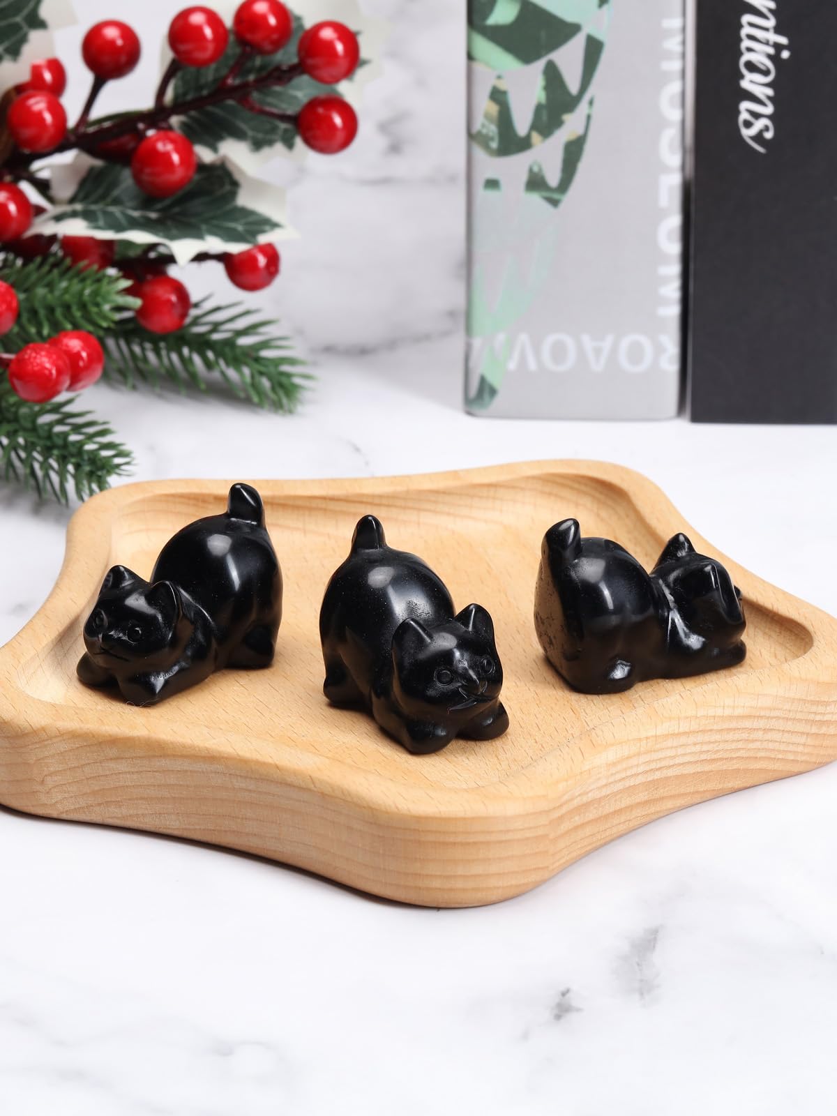 MANIFO Black Obsidian Crystal Cat Figurine for Cat Lovers Cute Gemstone Cat Ornaments for Home Office Cat Statue Gifts