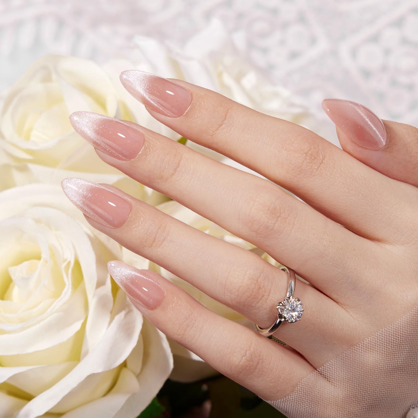 VSALON Press On Nails Almond Medium, Cat Eye French Tip Nude Pink Sparkly Fake Nails With UV Glue Reusable Semi-transparent Spring Wedding Stick On Nails 32 Pcs 16 Sizes