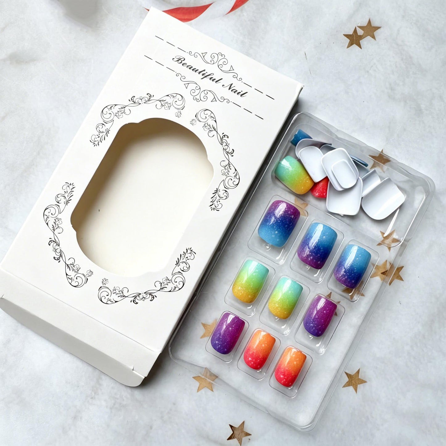 Rainbow Press on Nails Short Square Fake Nails Gradient False Nails with Designs Spring Summer Acrylic Nails Full Cover Glossy Stick on Nail Artificial Glue on Nails for Women Holiday Manicure 24Pcs