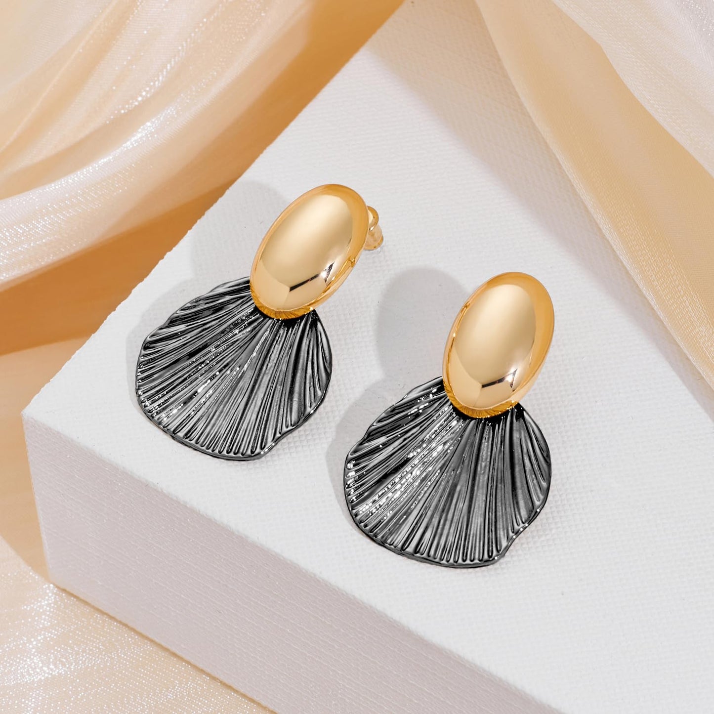 FILMOON Gold Plated Earrings Dangle Shell Earring for Women Two-Tone Fan-shaped Black Earrings Fashion Statement Jewelry
