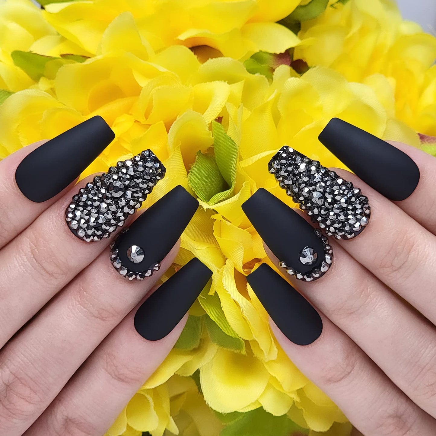 Hypnaughty Press On Nails - Rhinestone & Rhinestone Noir Coffin, Trendy & Salon Quality Reusable Nails With Kit