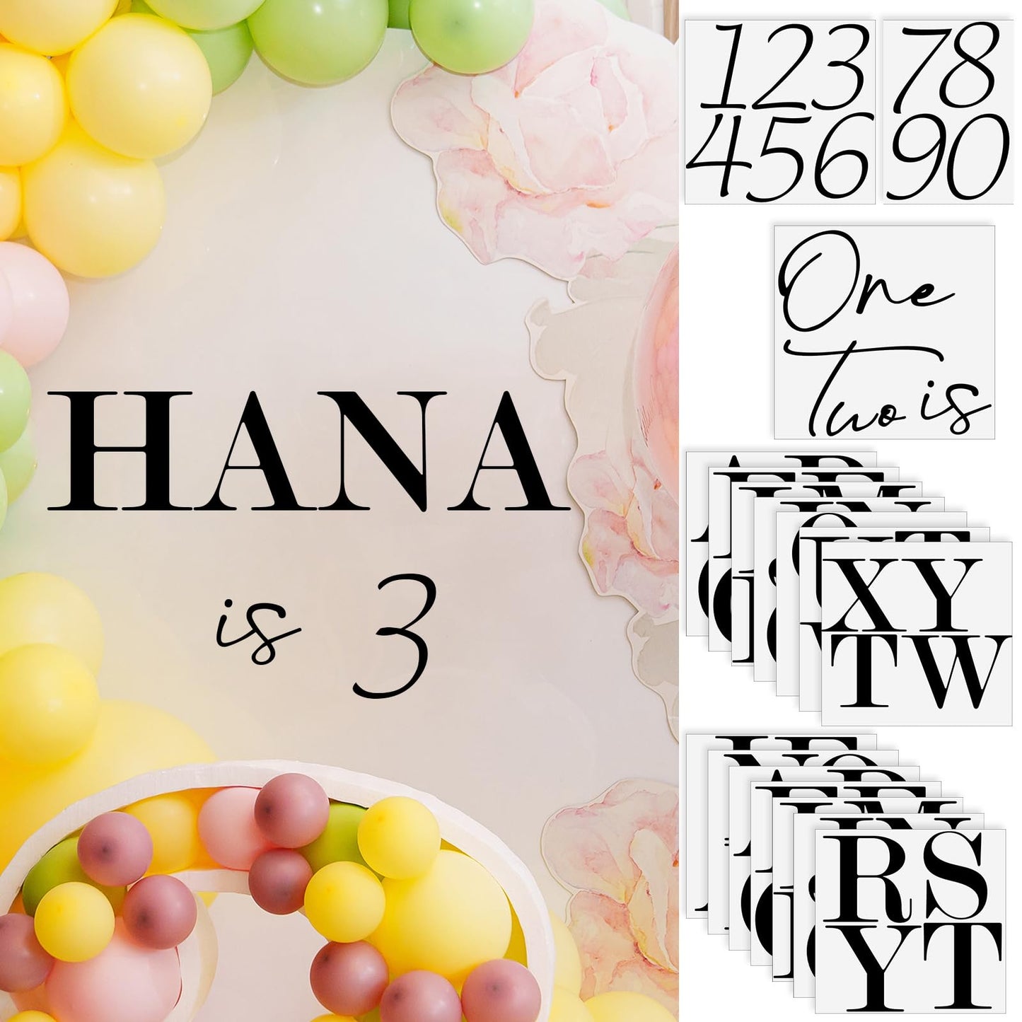 Faccito 17 Sheets Backdrop Letters for Fabric Arch Iron-on Heat Transfer Vinyl Letter & Number Kit – A–z Serif Letters & 0-9 Script Numbers with “is”, DIY Name & Age for Birthday Wedding, 4.5 x 4.5 in