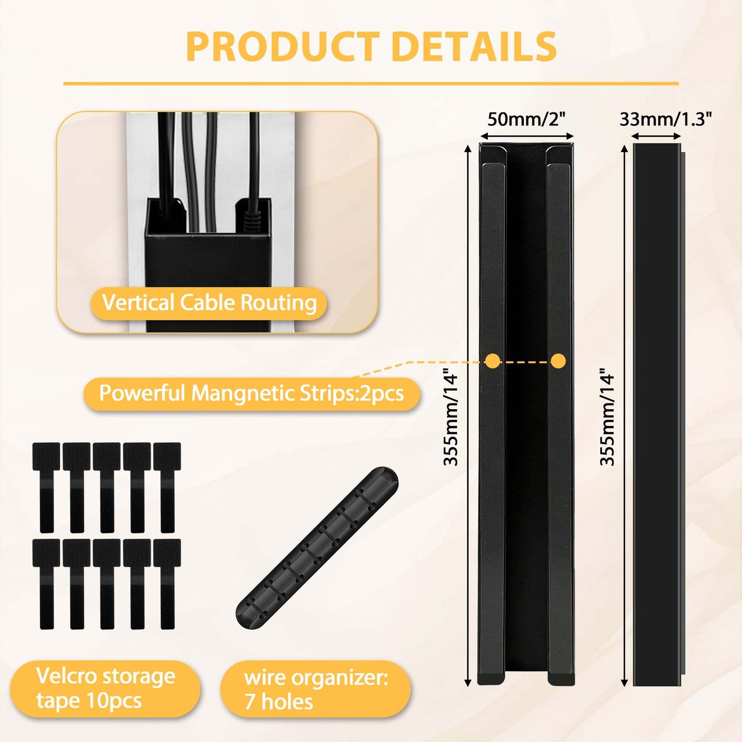 2 Pack Steel Magnetic 14-Inch Cable Management Channels for Under Desk Leg, No Drill Cord Organizer Cover & Wire Hider Cover with Adhesive Cable Tie, Cable Organizer Kit for Home Office & Gaming Desk