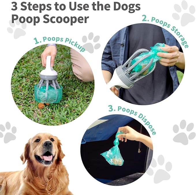 Xinzs Pooper Scooper for Dogs, 【No Warm Poo in Hand】 Portable 2 in 1 Dog Waste Pick-up Claw, 6.2'' Palm Wide Dog Poo Later Disposal Container for Small Medium Large Dogs with 75PCS Bag Attachment