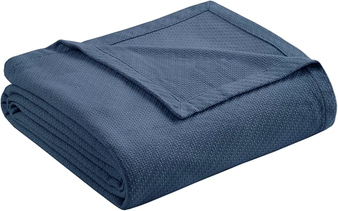 Madison Park Liquid Cotton Blanket Breathable, Softer Ring Spun Weave, Diamond Motif, Luxurious 100% Cotton All Seasons Lightweight Summer Blanket for Bed, Couch, Office, Navy, Full/Queen
