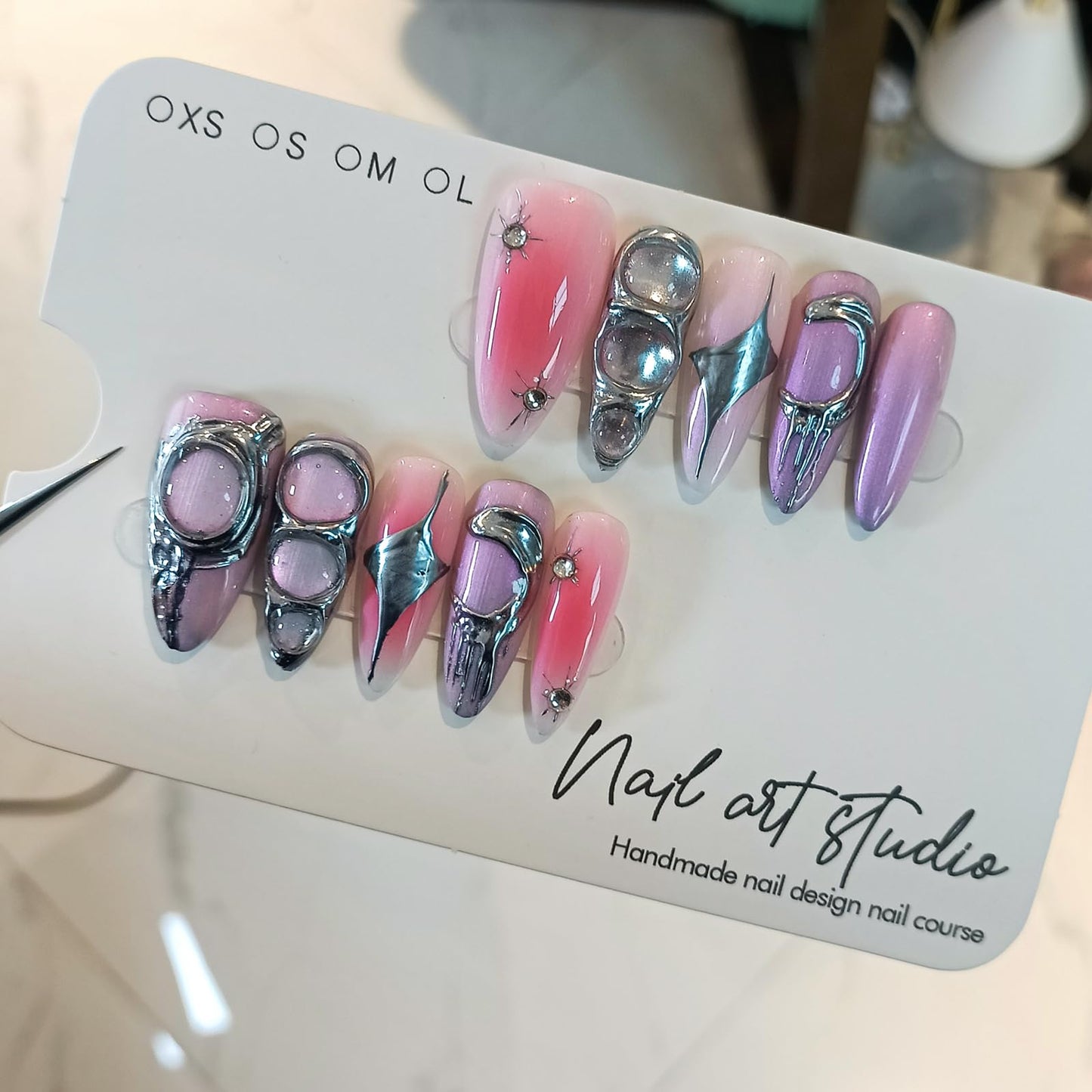TENPAL Handmade Press on Nails Almond,Sweet Cool Fake Nails With Designs,Metal 3D Aurora Nails 10Pcs/Box,Acrylic False Nails Press Ons,y2k False Nails With Glue For Women Girls Gift(L)