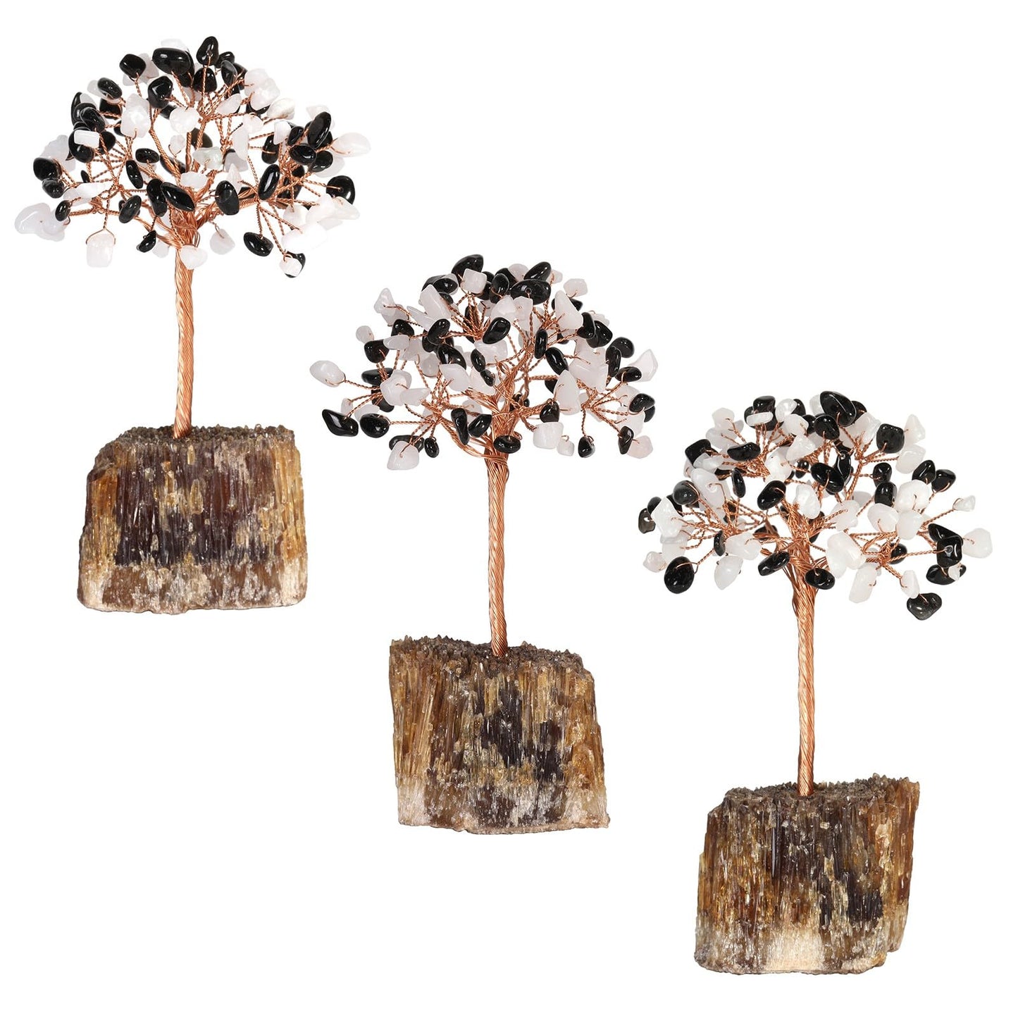 SUNYIK Handmade Crystal Money Tree Set on Amber Calcite Base, Tree of Life Wrapped Tumble Stones Decoration for Home Office, White Jade
