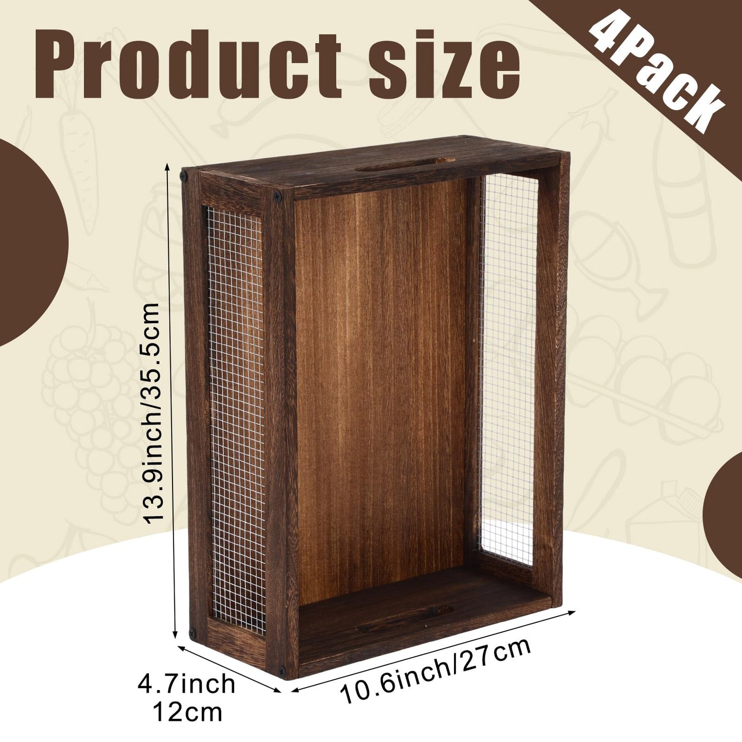 4 Pcs Wooden Countertop Baskets for Kitchen Bathroom, Easy Self-assembly Rustic Nesting Boxes with Handle and Wire Mesh, Multipurpose Wooden Crates for Fruit, Include Screws (Medium,Burnt Wood Finish)