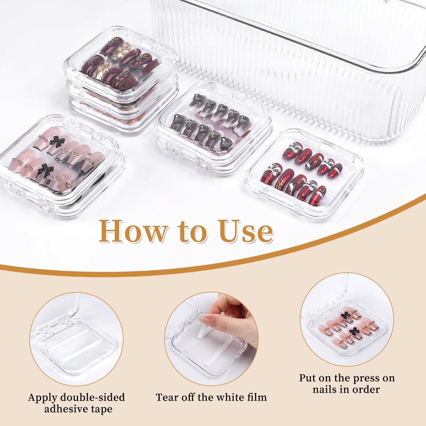 YINGJEE 15 Pcs Press On Nail Storage Box Container, Clear Press On Nail Packaging Box with 90 Pcs Adhesive Double Sided Tape, False Nail Organizer Case Nail Display Case for Nail Art Home Salon