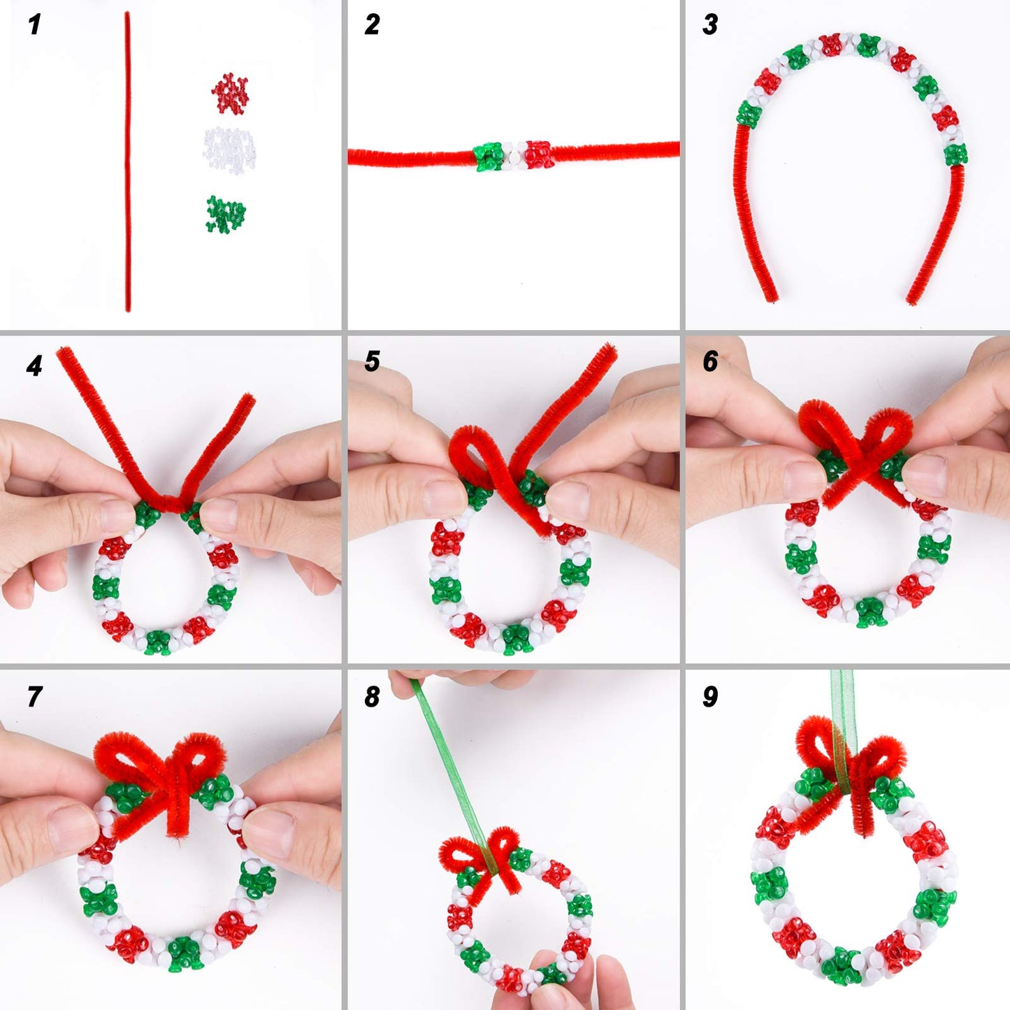 Livder Christmas Beads Wreath Cane Ornament Kit, 1500 Pieces Triangle Beads, 60 Pieces Chenille Stems, 64 Feet Ribbons for Xmas Craft House Tree Decorations
