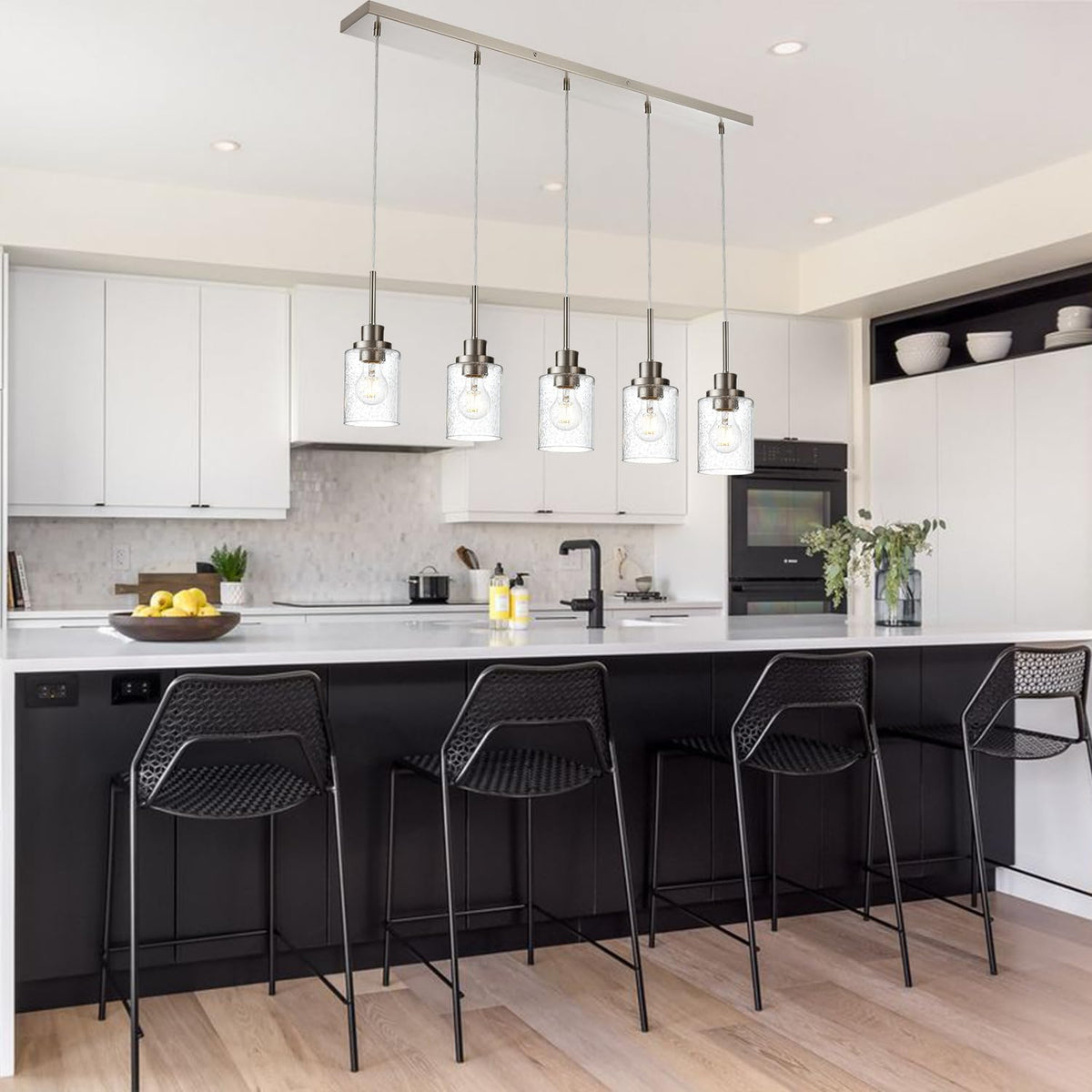 Lighting Contemporary Brushed Nickel Linear Chandelier Pendant Light 5 Lights Clear Seeded Glass Farmhouse Pendant Lighting Modern Dining Room Light Fixture for Living Room Kitchen Island