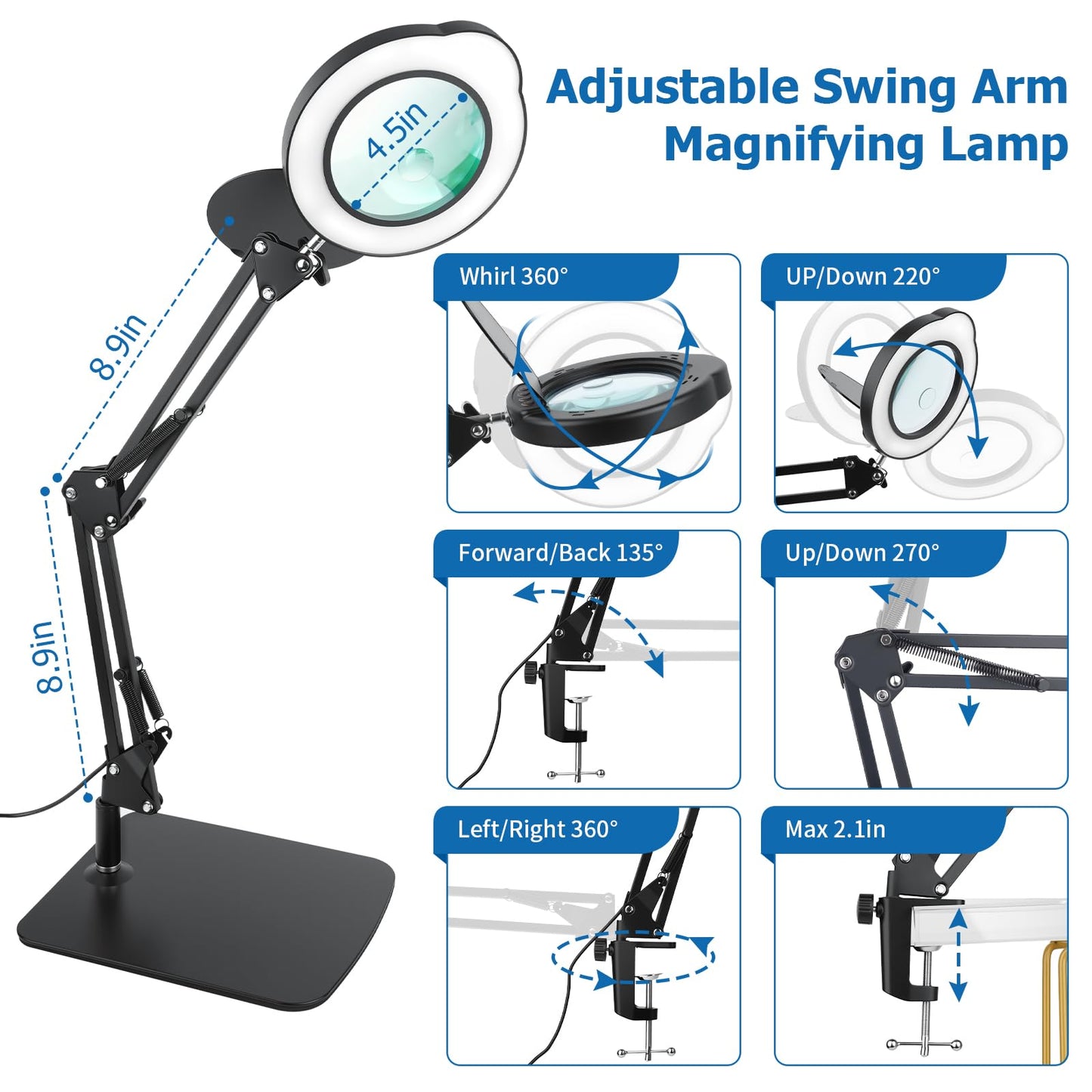 15X 30X Magnifying Glass with Light and Stand, LED Desk Lamp with Base and Clamp, 5 Color Mode, 10 Dimmable Levels, Hands-Free Magnifying Glasses for Close Work, Reading, Crafts, Jewelry