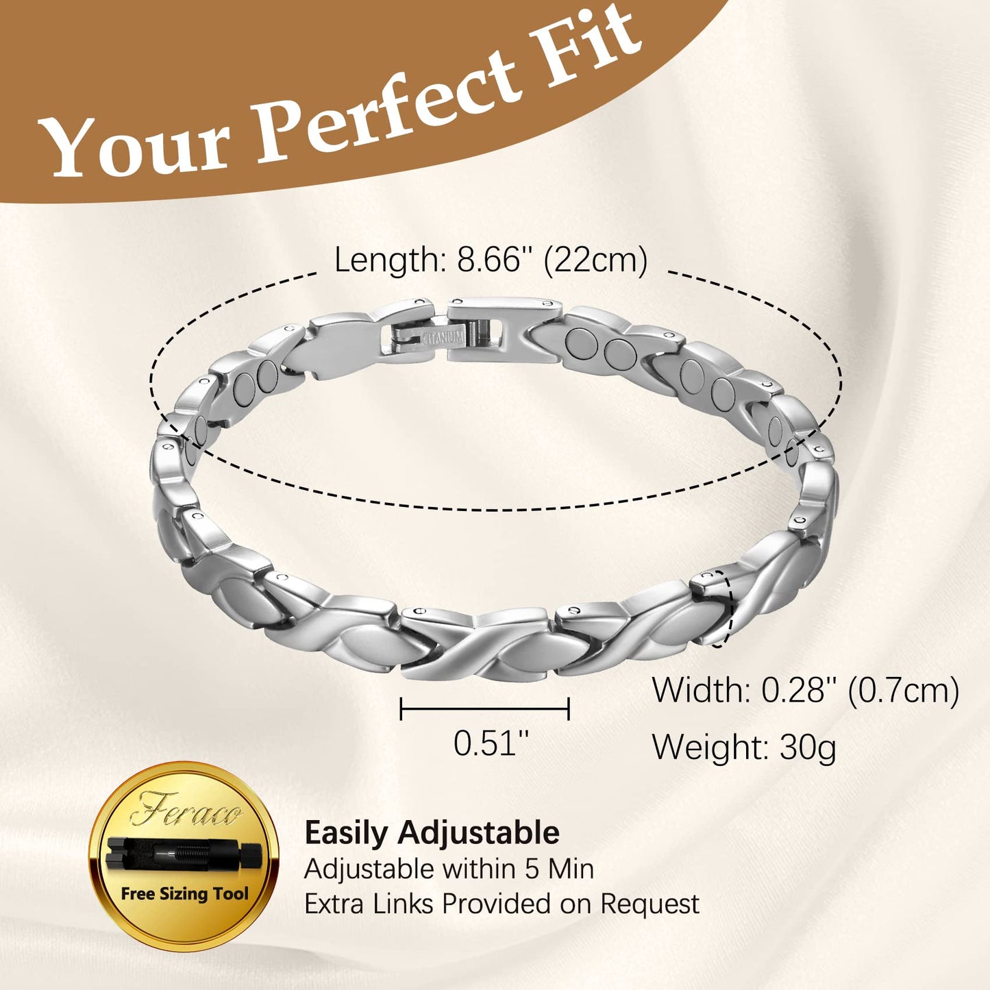 Feraco Magnetic Bracelet for Women Titanium Steel Magnetic Therapy Bracelet with Neodymium Magnets, Unique X Shape Links (Silver)