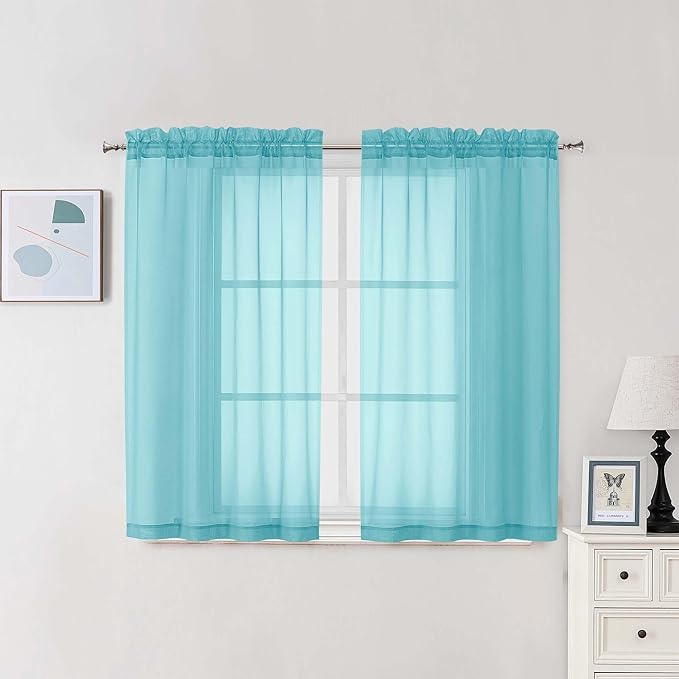 Chyhomenyc Aqua Sheer Curtains 45 Inch Long 2 Panels, Light Filtering Short Soft Airy Short Cafe Curtains, Modern Rod Pocket for Dinning Living Room Bedroom, 42Wx45L Inches
